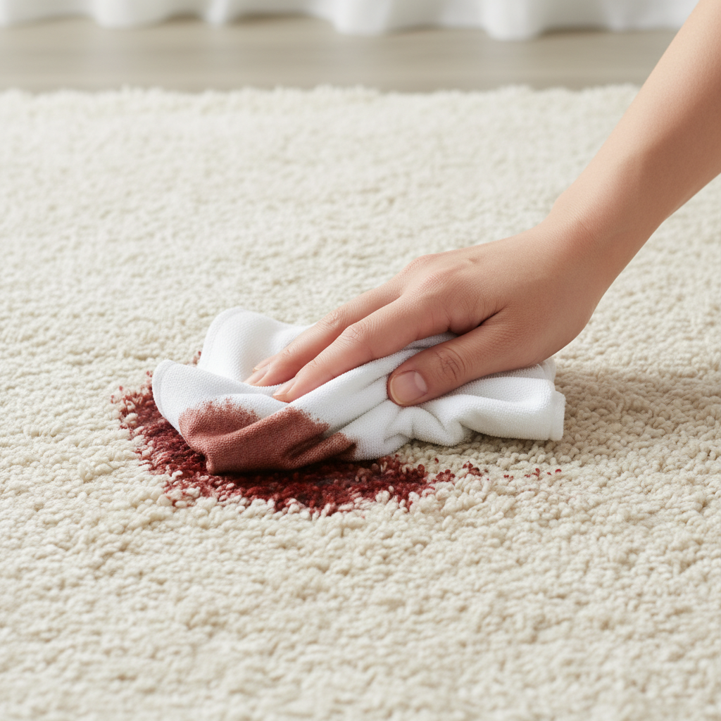 A close-up, high-angle professional photo capturing a human hand gently dabbing a fresh, dark liquid spill (like red wine or coffee) on a plush, cream-colored wool carpet. The hand holds a pristine white microfiber cloth, carefully pressing down on the stain rather than rubbing. The intricate, soft wool fibers are visible, showing the subtle absorption of the liquid into the cloth. The background blurs slightly, keeping the focus on the immediate cleaning action and the texture of the carpet, conveying delicate care and effective, non-abrasive stain removal.