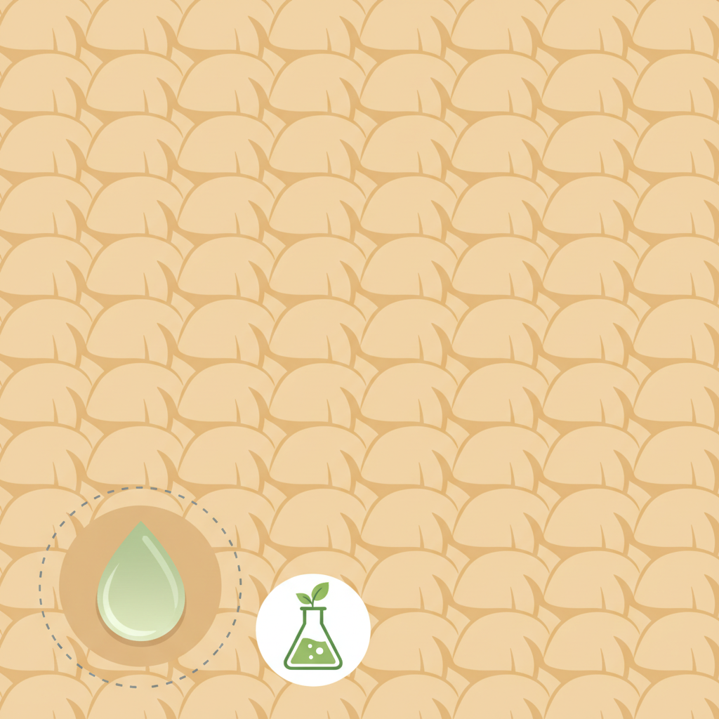 A stylized flat illustration or infographic-style image depicting a segment of a light beige wool carpet. On one corner, a small, discreet test patch is clearly visible, where a single drop of a mild cleaning liquid has been applied. A small, subtle visual element (like a simplified beaker icon with a green leaf) next to the drop suggests the gentle nature of the cleaner. The surrounding carpet area is clean and undisturbed, emphasizing the concept of 'testing in an inconspicuous spot' to protect the delicate wool fibers. The overall mood should be clean and informative.
