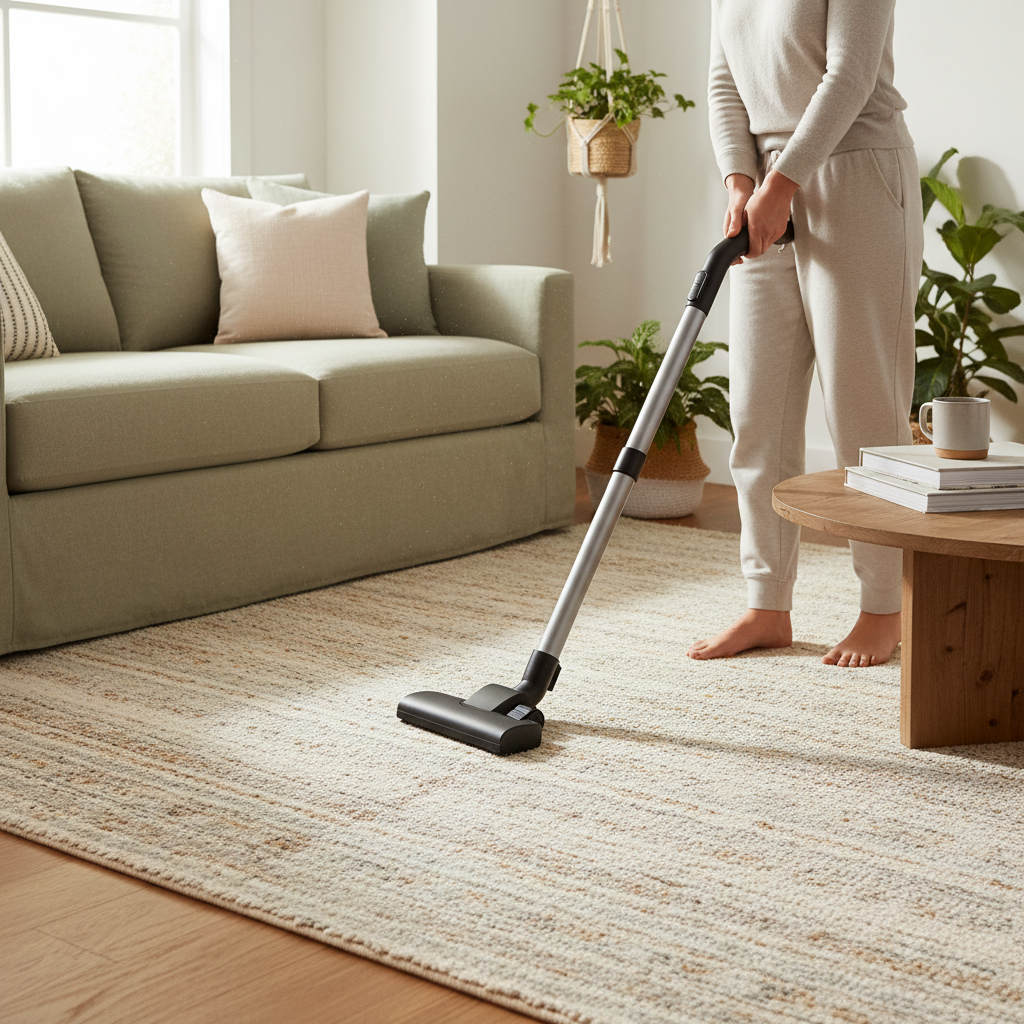 A vibrant, professional lifestyle photograph showcasing a cozy living room scene centered around a luxurious wool carpet. A person is gently vacuuming a section of the carpet using a modern, low-power vacuum cleaner with a soft brush attachment, moving in a single direction to illustrate proper care. The room is bathed in warm, indirect natural light, highlighting the carpet's texture and color without harsh sunbeams directly on it. The overall atmosphere should convey cleanliness, comfort, and meticulous upkeep, suggesting the carpet's longevity and beauty. The composition should be aesthetically pleasing and inspiring for home maintenance.