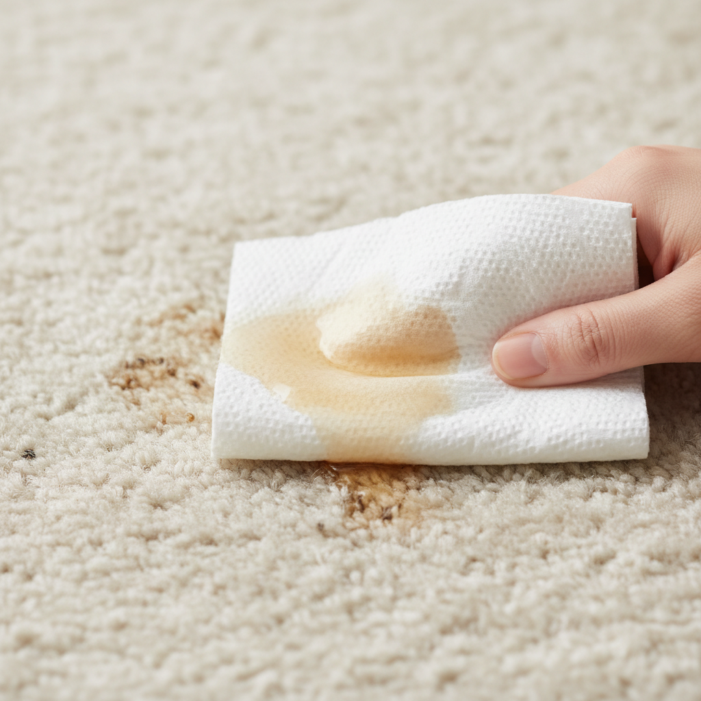 A detailed, close-up shot from a slightly elevated angle, demonstrating the immediate action for a fresh liquid stain on a plush wool carpet. A clean, white, absorbent cloth or paper towel is shown gently pressing down onto a small, clearly visible spill (e.g., water, tea) on the carpet fibers. The image clearly illustrates the dabbing or blotting motion, emphasizing the 'no rubbing' technique, with the fibers slightly compressed where the cloth touches. The focus is sharp on the action and the delicate carpet texture, conveying an instructional and precise approach to stain removal.