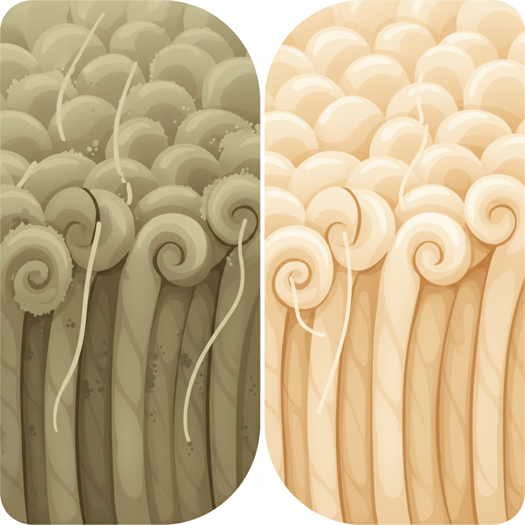 A vibrant, split-panel flat illustration contrasting the effects of proper versus improper wool carpet care. On the left, depict a section of dull, matted, and slightly discolored wool fibers, perhaps with a subtle hint of mildew spots or frayed strands, suggesting damage and neglect. On the right, show a luxurious, fluffy, and clean section of wool fibers, radiating freshness and vitality, with individual strands appearing resilient and soft. The color palette should be muted and broken for the damaged side, transitioning to warm, rich, and bright tones for the cared-for side, emphasizing the aesthetic difference.