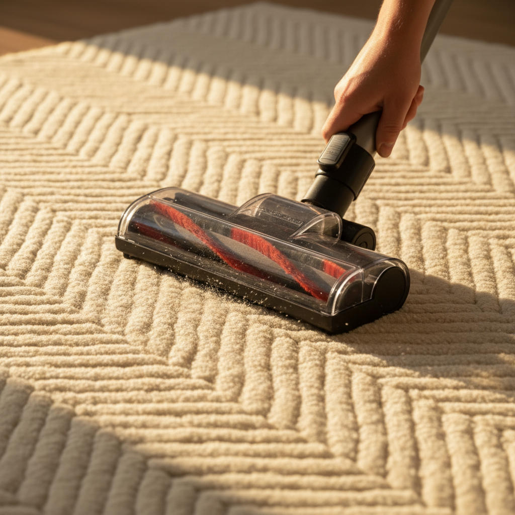 A professional, warm-toned photograph showcasing the gentle care of a wool carpet. The image captures a close-up perspective of a modern vacuum cleaner's soft brush head gliding smoothly over a plush, textured wool carpet. Subtle, almost invisible dust particles are being effectively lifted into the vacuum, while the carpet fibers beneath appear pristine and untouched. A human hand, gently guiding the vacuum, is partially visible. The lighting is soft and inviting, highlighting the carpet's natural warmth and cleanliness, conveying a sense of diligent and effective routine maintenance.