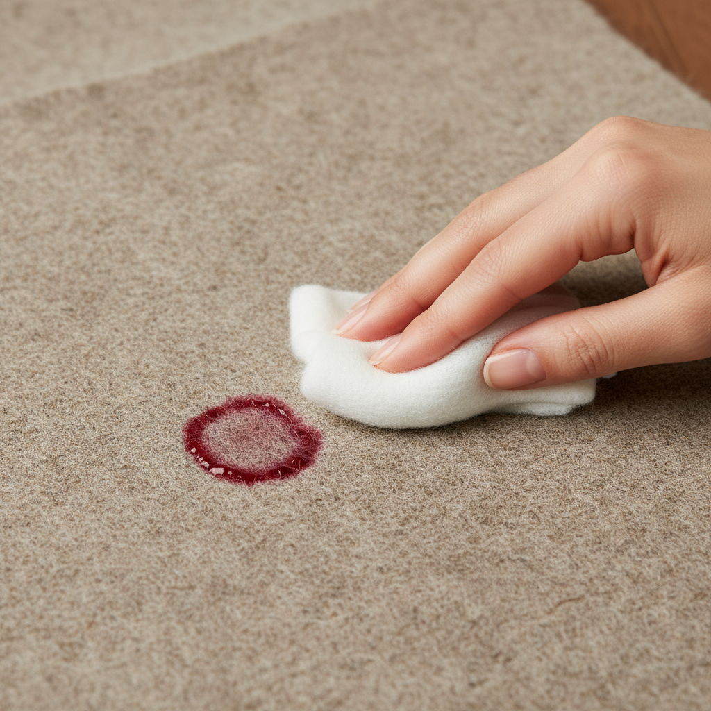 A close-up, high-quality photograph of a piece of natural-colored Wollwalk fabric, showcasing its dense, slightly textured surface. A small, vibrant stain, perhaps a drop of red berry juice or a smudge of chocolate, is clearly visible on the fabric. A hand with neatly manicured fingers gently dabs the stain with a soft, white cloth or a small, clean sponge, illustrating a delicate, non-rubbing cleaning motion. The background is softly blurred to keep the focus sharply on the fabric and the careful action, emphasizing the importance of gentle treatment for wool fibers. The overall aesthetic is clean, professional, and reassuring.