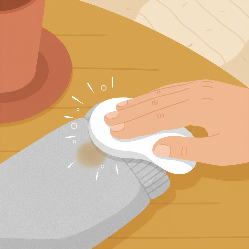 A close-up, warm-toned flat illustration depicting a gentle hand carefully dabbing a small, fresh stain on a piece of light brown or grey Wollwalk fabric, perhaps a child's sleeve or a patch of clothing. The hand uses a white, soft cloth or sponge, applying minimal pressure. Subtle indications of a gentle cleaning solution, like tiny bubbles or faint moisture, could be visible around the stain area. The background is softly blurred, hinting at a cozy home environment. The focus is on the careful, non-abrasive motion, demonstrating the 'dab, don't rub' principle for delicate fabrics.