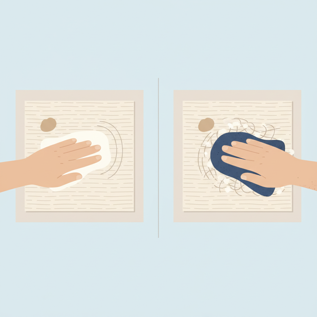 A clear, comparative flat illustration or infographic-style image depicting the 'do's and don'ts' of Wollwalk stain removal. On the left side, a pristine piece of natural-colored Wollwalk fabric with a small, fresh stain is being gently blotted by a soft, light-colored cloth held by a hand, emphasizing a delicate, controlled touch. The fabric fibers appear smooth and undisturbed. On the right side, the same type of fabric with an identical stain is being aggressively scrubbed or rubbed by a rougher, darker cloth, causing the visible wool fibers to look slightly frayed, distorted, or piled, visually demonstrating the potential damage from harsh treatment. A simple, clean background separates the two examples.