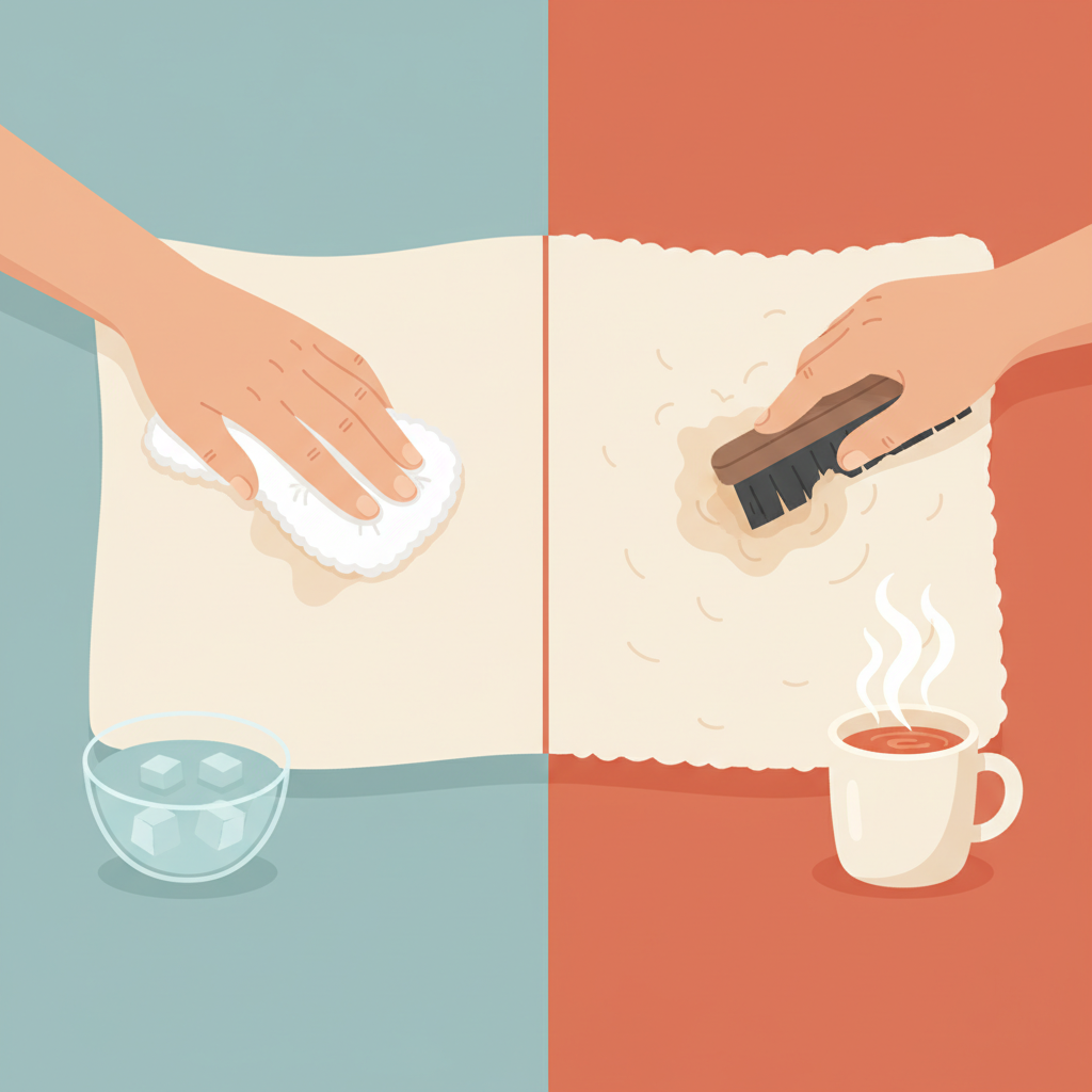 An infographic-style illustration contrasting proper and improper Wollwalk stain removal techniques. On the left side, representing the 'Do,' show a hand gently dabbing a stain on Wollwalk fabric with a soft cloth and a small bowl of cool water. The fabric appears pristine. On the right side, representing the 'Don't,' depict a hand aggressively scrubbing the fabric with a harsh brush, perhaps with steaming hot water nearby. The Wollwalk fabric on this side shows visual signs of damage, such as distorted fibers, pilling, or hardening, clearly illustrating the adverse effects of harsh treatment.