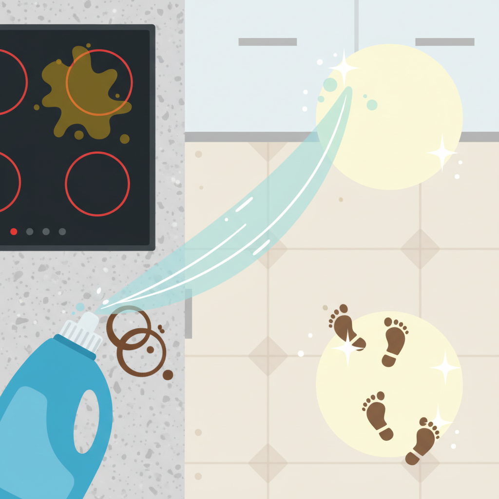 A vibrant, modern flat illustration depicting a dynamic cleaning scene. In the foreground, a bottle of universal cleaner is shown, with a stream of liquid gracefully arcing towards various common household stains. One area shows greasy splatters on a sleek induction stovetop, another features dried coffee rings on a granite countertop, and a third displays mud footprints on a clean-looking floor tile. The cleaner's action is visually represented by subtle bubbles and a 'dissolving' effect around the stains, transitioning them into pristine, sparkling surfaces. The overall aesthetic is clean, efficient, and inviting, emphasizing ease of use and powerful results.