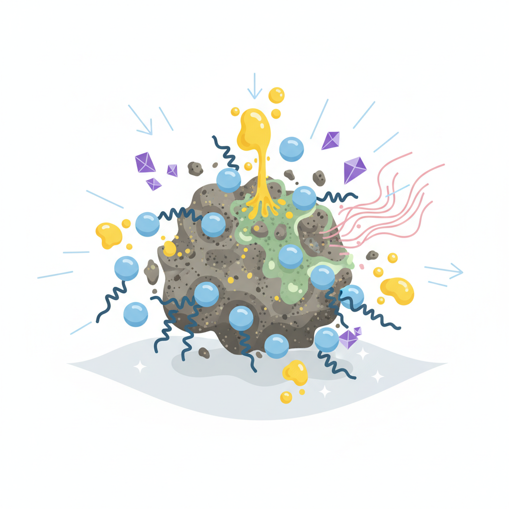 An engaging infographic style illustration, depicting the microscopic action of a universal cleaner. The central focus is a large, irregularly shaped 'dirt particle' rendered in muted browns and grays. Surrounding and actively engaging with this dirt particle are stylized representations of cleaner components: small, spherical 'surfactant' molecules with hydrophilic heads and hydrophobic tails detaching the dirt, 'solvent' molecules breaking down greasy layers, and 'alkaline' components dissolving protein-based residues. Arrows and subtle energy lines illustrate the dirt being lifted away from an abstract surface, leaving it spotless. The design is clean, educational, and uses a clear color palette for different elements.