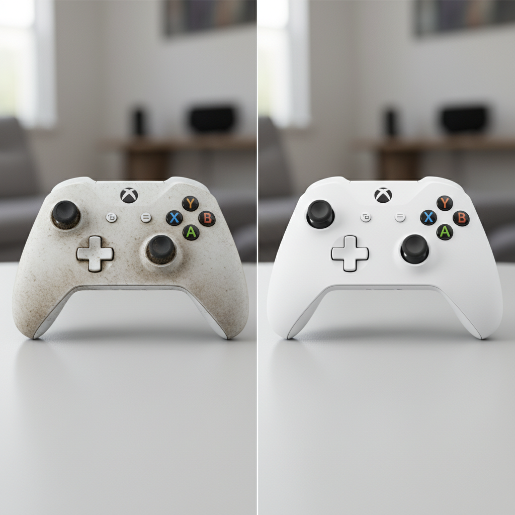 A professional, high-resolution photo showcasing an Xbox controller in two distinct states within a single frame. On the left, the controller appears visibly grimy, with smudges, dust accumulated in the crevices around buttons and analog sticks, and a dull, worn finish. On the right, the exact same model of controller looks pristine, sparkling clean, with no visible dirt or fingerprints, reflecting light beautifully. The composition should clearly convey a 'before and after' transformation, emphasizing the renewed appearance after cleaning. A subtle, soft-focus background provides context without distracting from the controllers.