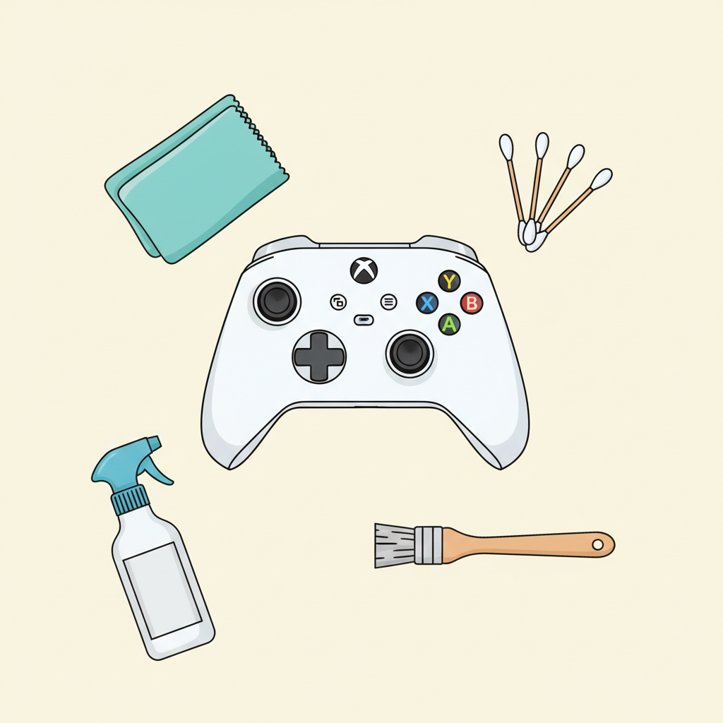 A vibrant, clean flat illustration depicting a modern Xbox controller (e.g., Series X) centrally placed on a light, uncluttered surface. Surrounding the controller, arranged neatly and symmetrically, is an assortment of essential cleaning tools. These include several soft, folded microfiber cloths, a handful of cotton swabs, a small, soft-bristled brush, and a generic spray bottle. The style is bright and minimalist, with distinct outlines and a pleasant color palette. The overall image conveys a sense of organization and preparedness for the cleaning task, highlighting the necessary materials.