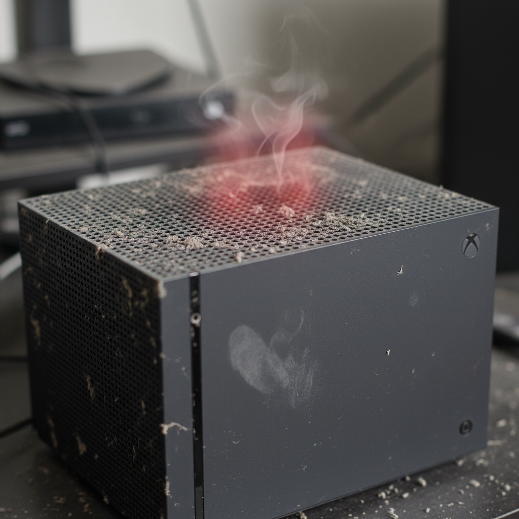 A close-up, slightly elevated shot of a modern Xbox console (e.g., Series X or S, generic design). The console appears visibly dusty, with fine gray particles clinging to the ventilation grilles and textured surfaces. Subtle, shimmering heat lines or a faint reddish glow emanate from the top vents, symbolizing overheating. Fingerprint smudges are visible on the glossy parts of the console's casing. The overall impression is one of neglect and potential performance issues. Professional photo style with a shallow depth of field, focusing on the dusty details.