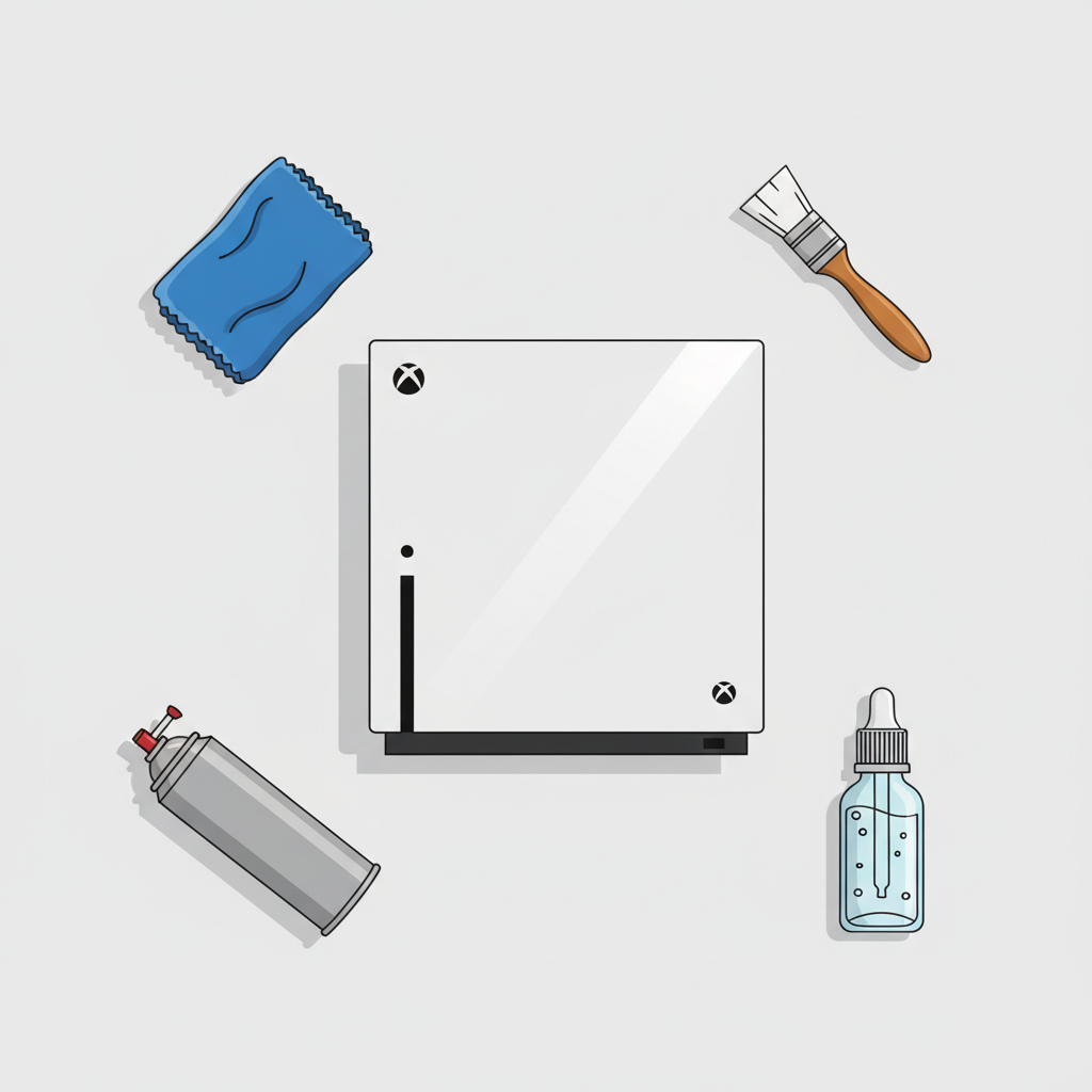 A clean, minimalist flat lay illustration showcasing the essential tools for Xbox cleaning and maintenance. In the center, a sparkling clean Xbox console (generic modern model) is positioned, free of dust or smudges. Around it, neatly arranged on a light background, are items like a soft microfiber cloth, a small, soft-bristled brush, a generic canister of compressed air (purely visual, no branding/text), and a small, unbranded bottle of cleaning solution. The aesthetic is organized, hygienic, and ready for action. Flat illustration style with crisp lines and a focus on essential items.