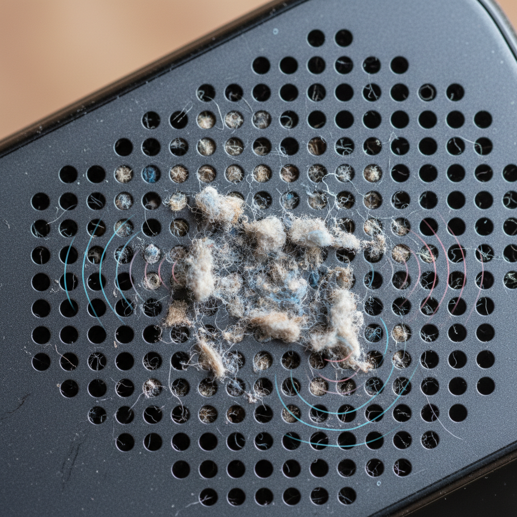 A detailed macro close-up shot of a modern Xiaomi smartphone's speaker grille. The tiny perforations are partially clogged with a visible accumulation of grey dust particles, small fabric fibers, and subtle grime, hinting at reduced airflow and sound blockage. Faint, distorted sound wave patterns weakly emanate from the obstructed openings, visually representing impaired audio quality. The background is softly blurred to keep sharp focus on the speaker. Style: high-resolution, professional micro-photography with a slightly technical, clean aesthetic.