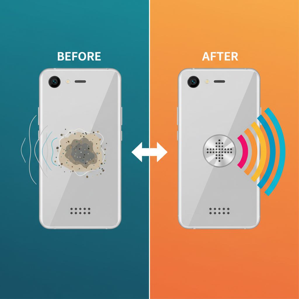A vibrant, split-screen infographic style illustration comparing a Xiaomi smartphone's speaker. On the 'before' side (left), the speaker grille is depicted as significantly obstructed by various dirt elements like dust and lint, rendered in muted, dull colors, with weak, irregular sound waves. On the 'after' side (right), the same speaker grille is sparkling clean and clear, with no visible obstructions, and robust, vibrant sound waves radiating strongly. The phone is shown in a clean, minimalist design. Style: modern flat illustration with a bright, contrasting color palette emphasizing clarity and improvement.