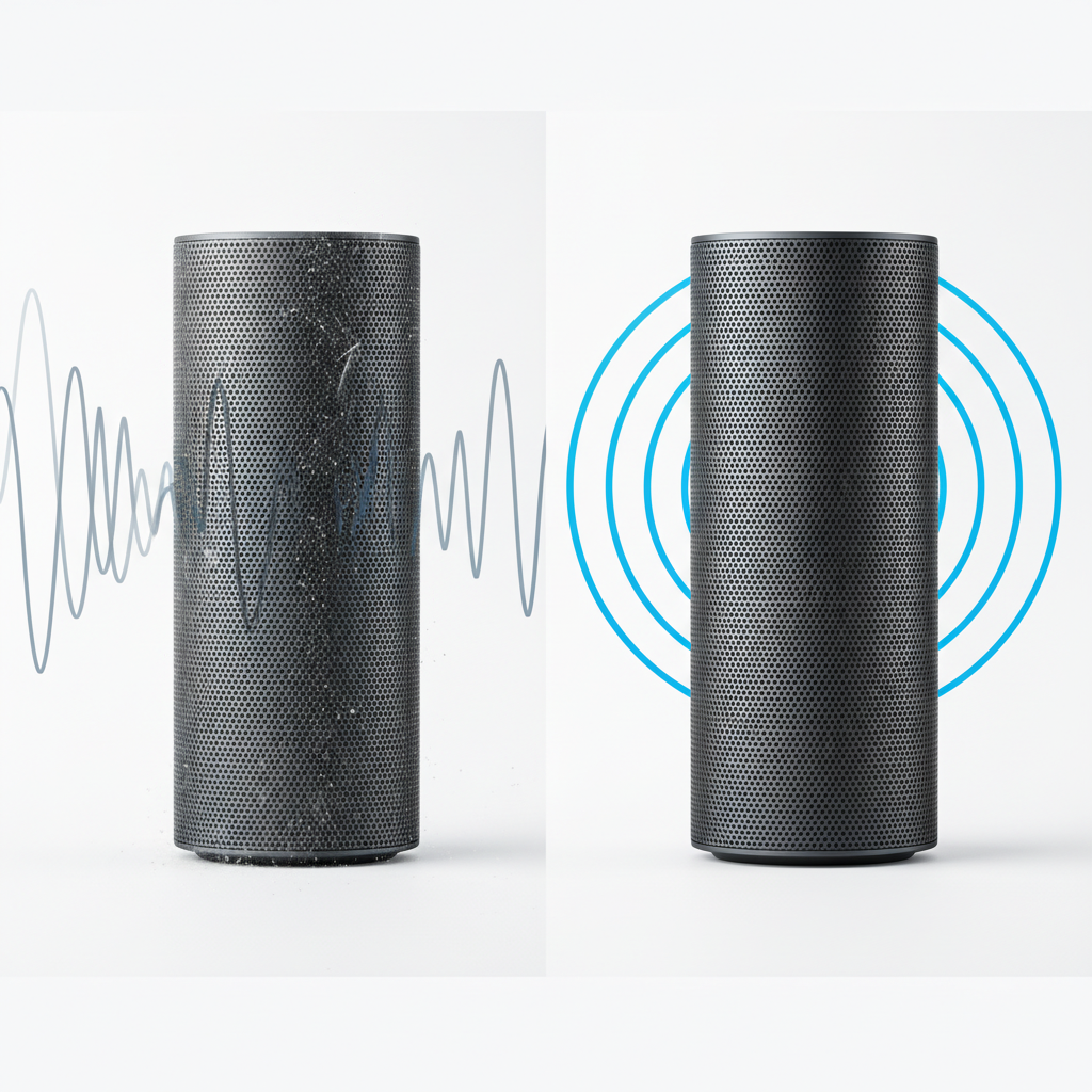 A professional studio photograph featuring a sleek, dark grey Xiaomi smart speaker. One side of the image shows the speaker covered in a visible layer of fine dust and a few faint smudges on its surface, with subtle, slightly distorted sound wave graphics around it, symbolizing impaired audio quality. The other side presents the identical speaker sparkling clean, free of any debris, with crisp, vibrant, and clear sound waves radiating outwards. The background is minimalist and bright, emphasizing the dramatic improvement from cleaning.