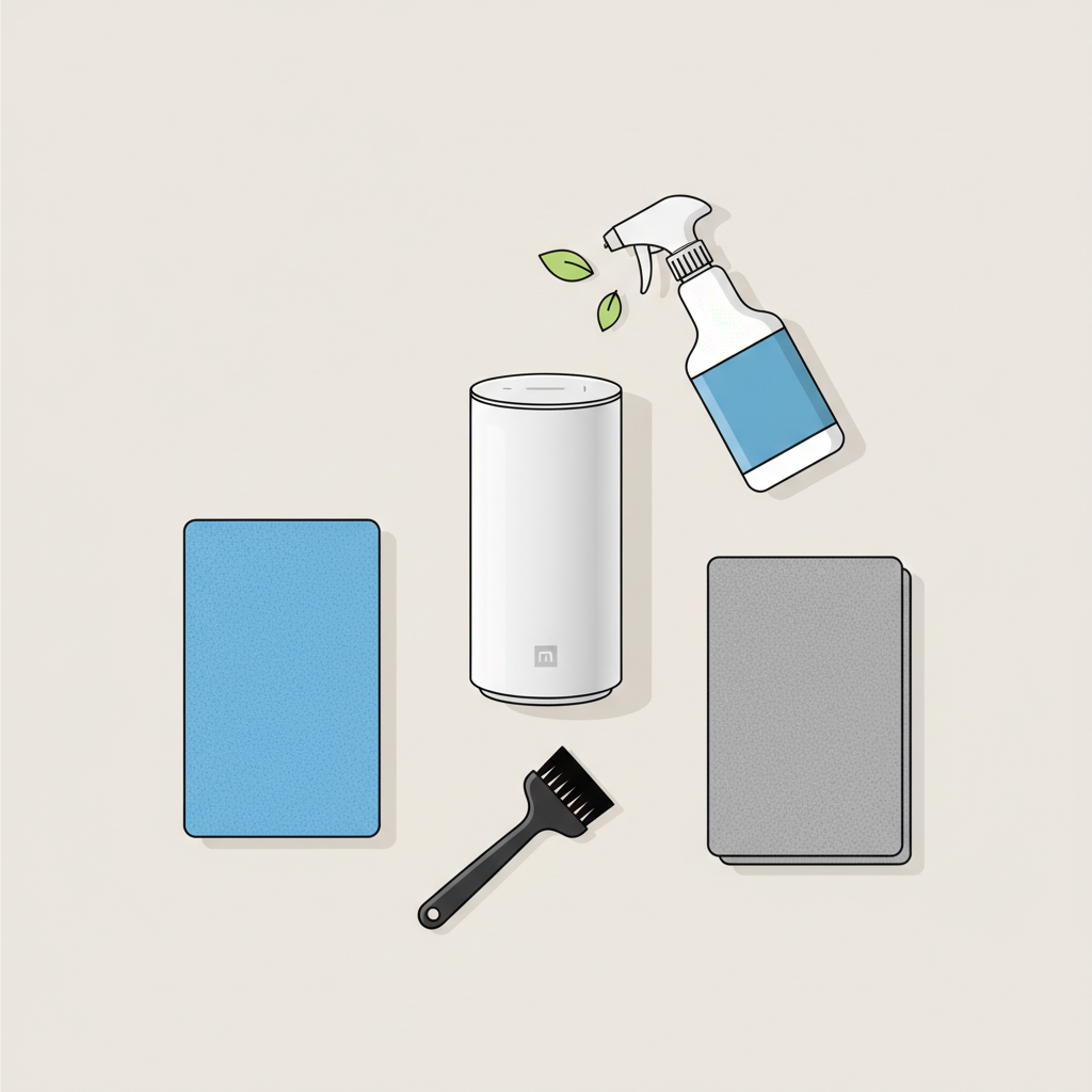 A vibrant, modern flat illustration from a top-down perspective, showcasing the essential items for cleaning a speaker. A contemporary Xiaomi smart speaker, clearly powered off, is positioned centrally. Around it, neatly arranged, are two pristine, soft microfiber cloths (one folded, one slightly unfurled), a small, soft-bristled brush, and a small, generic spray bottle. The composition is minimalist and organized, set on a light, uncluttered surface, conveying readiness and simplicity.