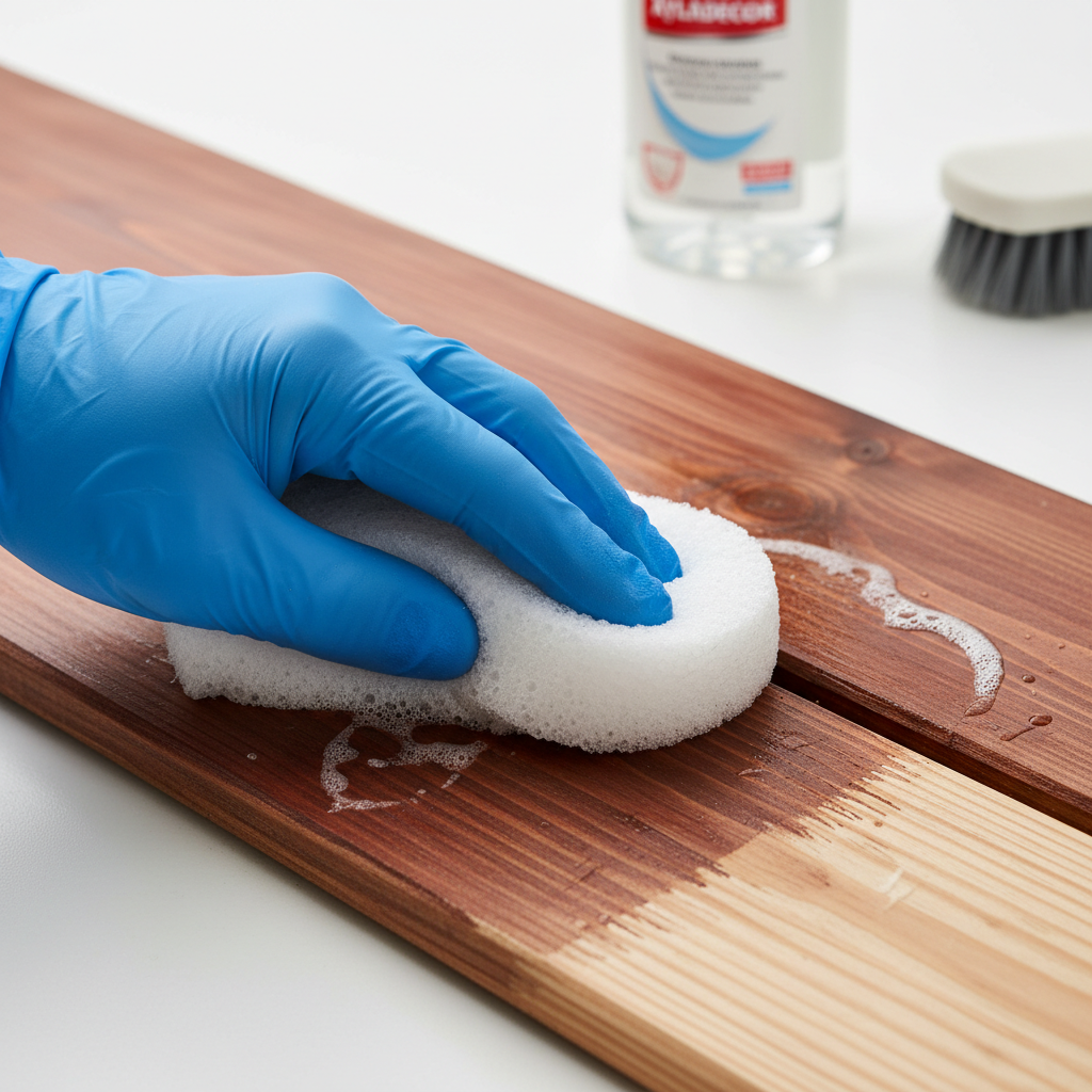 A close-up, angled professional photo capturing a moment of active cleaning on a wooden surface. A hand, wearing a protective glove (e.g., latex or nitrile), is shown firmly wiping away a visible Xyladecor stain using a damp cloth or sponge. A clear visual contrast should be evident, with a portion of the stain still present and the area beneath the cleaning tool revealing the cleaned, restored wood. A generic, unlabeled bottle of cleaning solution or a small brush could be subtly blurred in the background, implying the tools used.