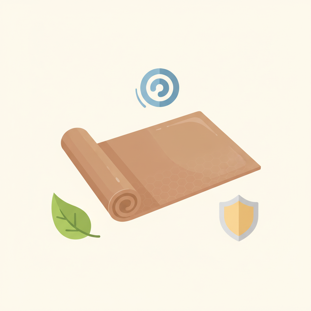 A vibrant flat illustration depicting a pristine, unrolled natural rubber yoga mat, radiating a sense of freshness and optimal grip. Subtle visual elements like a faint, clean sheen or a delicate, almost invisible texture pattern can suggest enhanced friction and hygiene. Surrounding the mat are abstract, simplified icons representing benefits: a fresh leaf for naturalness, a small, subtle spiral for flexibility, and a protective shield for longevity. The color palette is clean and inviting, with natural tones for the mat and bright, yet soft accents for the surrounding elements.