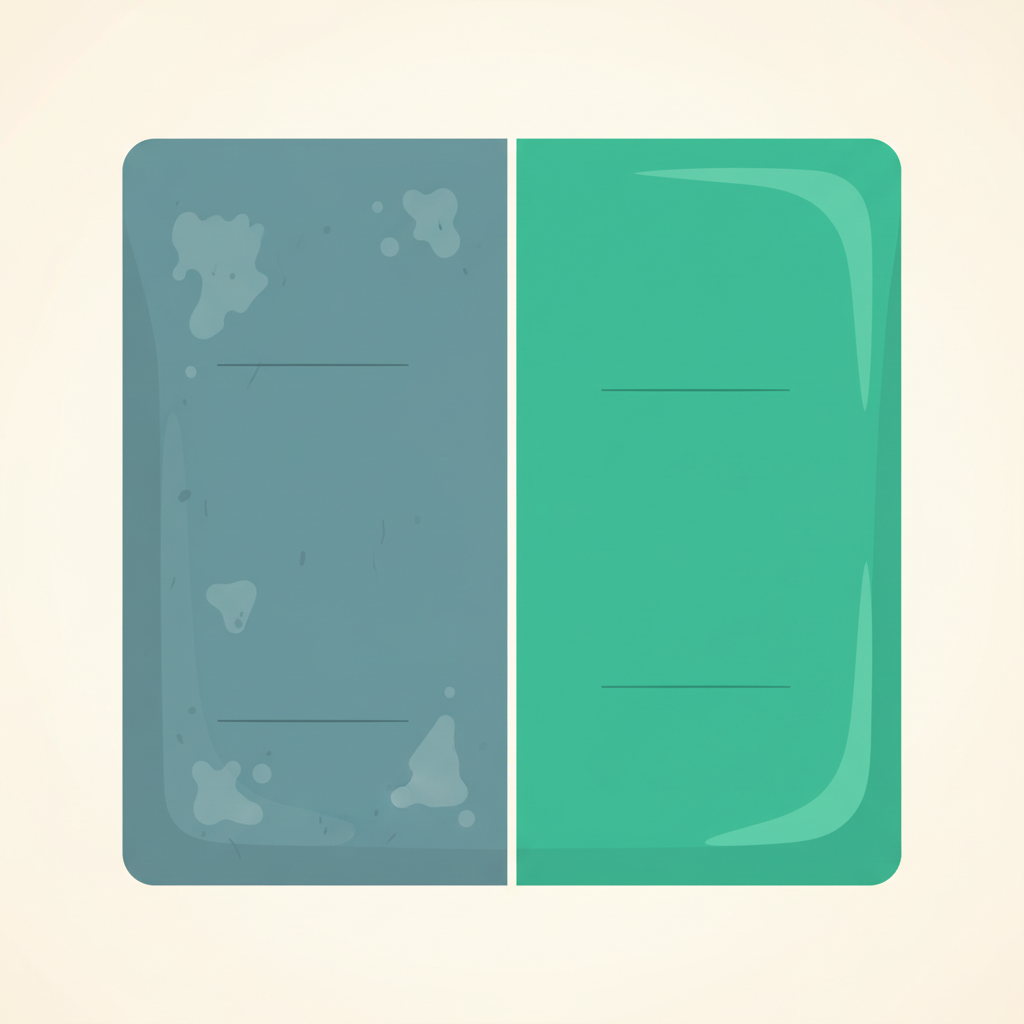 A modern flat illustration showing a clear visual contrast on a single yoga mat. One half of the mat is depicted with subtle discolored patches, faint sweat marks, and a dull surface, suggesting wear and accumulated grime. The other half is pristine, vibrant in color, and appears spotless and refreshed, emphasizing a clean and hygienic state. The overall composition should be clean and inviting, using soft, harmonious colors.