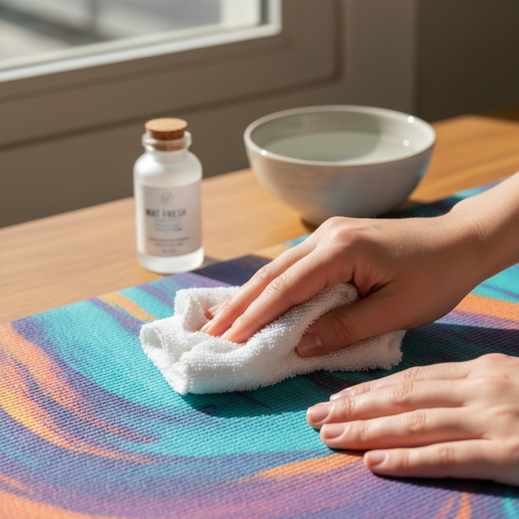 A close-up, bright professional photo showing hands in the foreground, gently dabbing a small, inconspicuous corner of a colorful yoga mat with a soft, damp cloth or sponge. The background is softly blurred, revealing hints of a small bottle of cleaning solution and a bowl of water, indicating a preparatory cleaning step. The lighting is natural and bright, highlighting the texture of the mat and the careful action of testing a cleaning product.