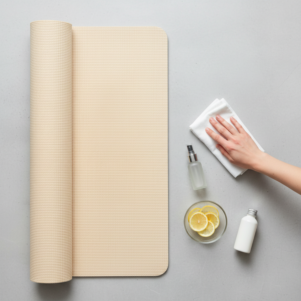 A professional, clean overhead flat lay photo showcasing a light-colored yoga mat unrolled on a simple background. One half of the mat appears subtly used or with very generic, almost imperceptible smudges, hinting at dirt/sweat. On the other half, a gentle hand is wiping the mat with a soft, clean cloth. Nearby, a small spray bottle, a clear glass bowl containing a sliced lemon, and a small, generic white bottle (representing vinegar or a natural cleaner) are aesthetically arranged. The lighting is bright and even, creating a sense of cleanliness and natural care.