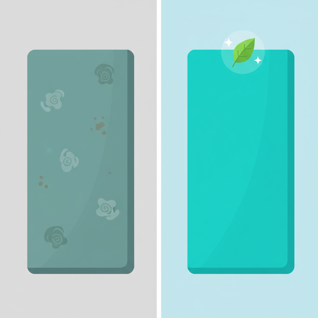A vibrant, modern flat illustration depicting the before-and-after transformation of a yoga mat. On the left side, a stylized yoga mat appears somewhat dull and slightly discolored, with abstract, minimal symbols like tiny, faint clouds or ambiguous spots representing dirt and odors. On the right side, the same yoga mat is depicted as bright, clean, and pristine, with subtle sparkling effects or a fresh leaf icon floating above it, symbolizing hygiene and refreshment. The overall composition is clean, with distinct sections clearly illustrating the impact of cleaning on the mat's appearance and perceived freshness.