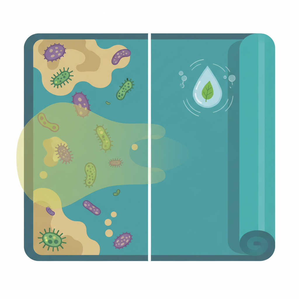 A visually compelling split-screen or 'before & after' illustration of a yoga mat. On the left, a slightly discolored, sweat-stained yoga mat with stylized, abstract representations of bacteria and microbes visibly thriving on its surface, perhaps emitting a faint, slightly greenish aura to suggest odor. On the right, the same yoga mat appears pristine, vibrant in color, perhaps with a subtle, fresh water droplet or leaf symbol floating nearby, conveying cleanliness and freshness. The overall style should be a professional, clean flat illustration with clear contrast between the two states.