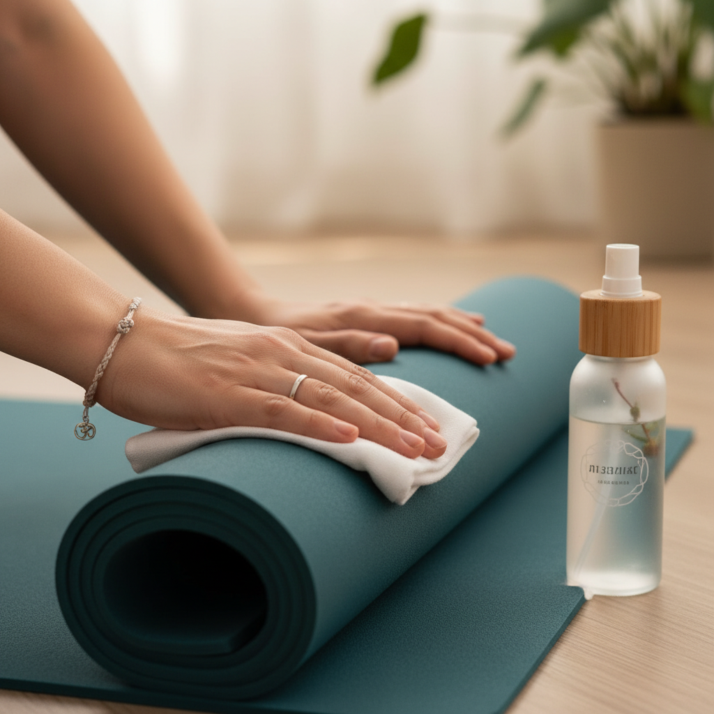 A professional, close-up photo showcasing the act of cleaning a yoga mat. A pair of hands, possibly with a subtle hint of a yoga bracelet or ring, are gently wiping down a partially unrolled yoga mat with a soft, clean cloth. A minimalist, elegant spray bottle is visible near the mat. The mat itself should look pliable and well-maintained. The background should be soft-focused and minimalistic, hinting at a serene home or studio environment. The overall impression should be one of care, hygiene, and simplicity.