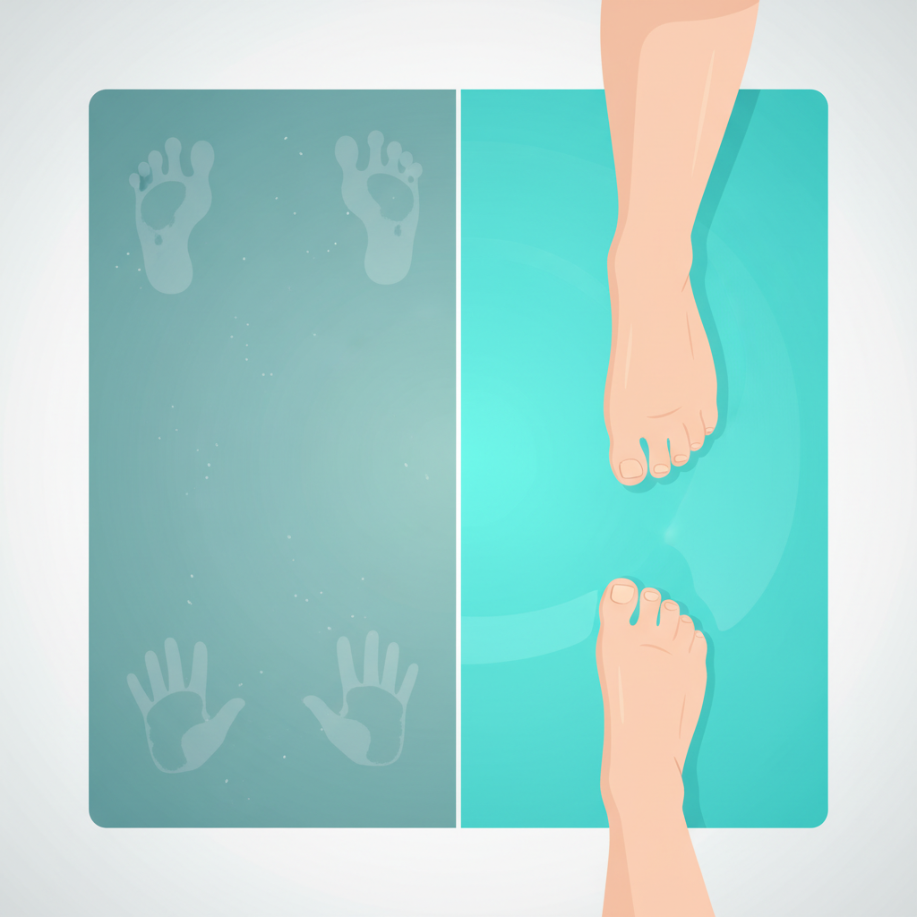 A split-view flat illustration of a yoga mat. On the left, the mat appears slightly dull and shows very subtle, almost translucent indications of usage, like faint foot/hand imprints and microscopic dust particles, hinting at hidden microbes. On the right, the mat is pristine, vibrant, and looks fresh, perhaps with a gentle sheen. A single pair of bare, clean feet are carefully stepping onto the immaculate side, emphasizing comfort, safety, and hygiene. The overall aesthetic should be clean, inviting, and emphasize the positive impact of a clean mat.