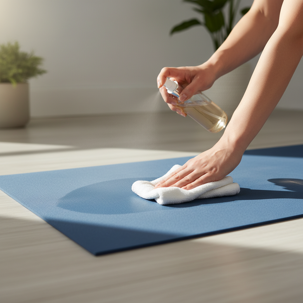 A high-angle, professional photo capturing a pair of hands in action, gently wiping down a yoga mat. One hand holds a subtle spray bottle, while the other uses a soft, clean cloth to wipe the mat surface. The mat is unrolled on a light, neutral background, emphasizing the cleaning process. Subtle visual cues of freshness, like gentle mist or soft, diffused light, emanate from the cleaned area, highlighting the feeling of cleanliness and care. The focus is on the simple, effective act of maintaining hygiene.