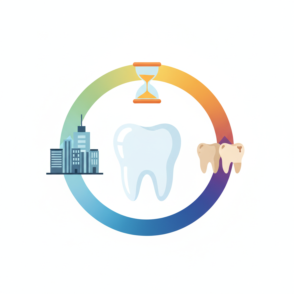 A modern, clean flat illustration showing a symbolic representation of PZR costs. At the center, a healthy, gleaming white tooth. Around it, radiating abstract icons representing influencing factors: a stylized city skyline for 'location', an hourglass for 'duration', and a small collection of diverse teeth with varying conditions for 'individual needs'. A gentle visual spectrum of changing colors, like a gradient path, could subtly indicate cost variability, flowing from a lighter shade to a darker one, symbolizing lower to higher value, without any currency symbols or numbers. The overall feeling should be informative and clear.
