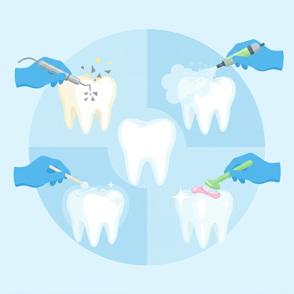 A vibrant, step-by-step flat illustration depicting the professional teeth cleaning (PZR) process. The image should feature a central, healthy set of teeth as the subject. Around these teeth, arranged in a clockwise sequence, show abstract hands of a dental professional demonstrating each key step: first, using an ultrasonic scaler to remove deposits, then an Airflow device spraying a fine mist for stain removal, followed by a polishing brush to smooth surfaces, and finally, a gentle application of a protective substance. The teeth should progressively appear cleaner and brighter, emphasizing hygiene and modern dental tools in a clear, informative style.