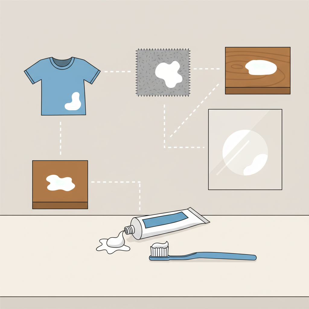 A flat illustration depicting a common household scenario where toothpaste stains are a problem. In the foreground, a squeezed tube of toothpaste and a toothbrush sit on a minimalist bathroom counter. A small, white, slightly dried toothpaste splatter is visible. From this central splatter, conceptual lines or shapes extend to subtly depict stains on various surfaces: a folded corner of a blue shirt, a patch of grey carpet, a polished wooden surface, and a clear glass pane. The stains are visual representations, not actual toothpaste, to convey the concept of widespread impact. The style is clean, modern, and infographic-like, using a limited color palette to highlight the problem without being messy.