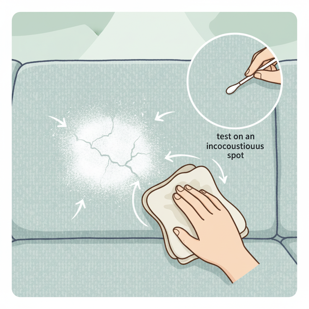 An infographic-style illustration demonstrating key principles of stain removal. The central image features a piece of textile, perhaps a sofa cushion or a garment, with a clearly visible, dried toothpaste stain in the middle. To the side, a smaller, less prominent area of the same fabric is shown, with a gentle hand or cotton swab carefully dabbing it, symbolizing testing on an inconspicuous spot. Another visual element illustrates a hand with a soft, damp cloth gently wiping the main stain, with subtle arrows indicating movement from the outer edges towards the center of the stain. The overall aesthetic is clean, instructive, and uses soft colors to convey a gentle approach.
