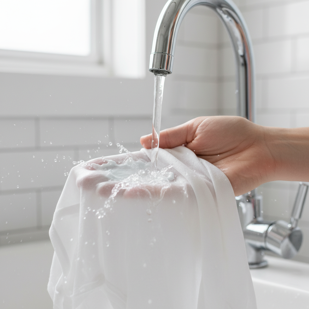 A close-up, professional photo showing a crumpled white t-shirt with a clearly visible, dried toothpaste stain. A clean hand is gently holding the fabric under a stream of cold water flowing from a modern chrome faucet. Small water droplets are splashing around the stain, emphasizing the initial cleaning step. The background is softly blurred, hinting at a bright, clean bathroom or laundry room setting, conveying a sense of immediacy and effectiveness.
