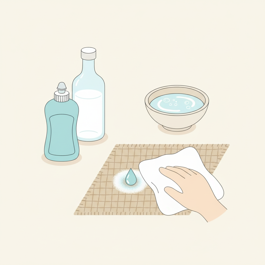 A clean, minimalist flat illustration showcasing common household cleaning remedies for stains. The scene features a small bottle of dish soap, a bottle of white vinegar, and a small bowl containing a water-vinegar solution. In the center, a textured fabric swatch (e.g., a piece of a rug or upholstery) has a small drop of dish soap being gently dabbed into a toothpaste stain with a soft, clean cloth. The composition is bright, orderly, and emphasizes the natural, gentle approach.