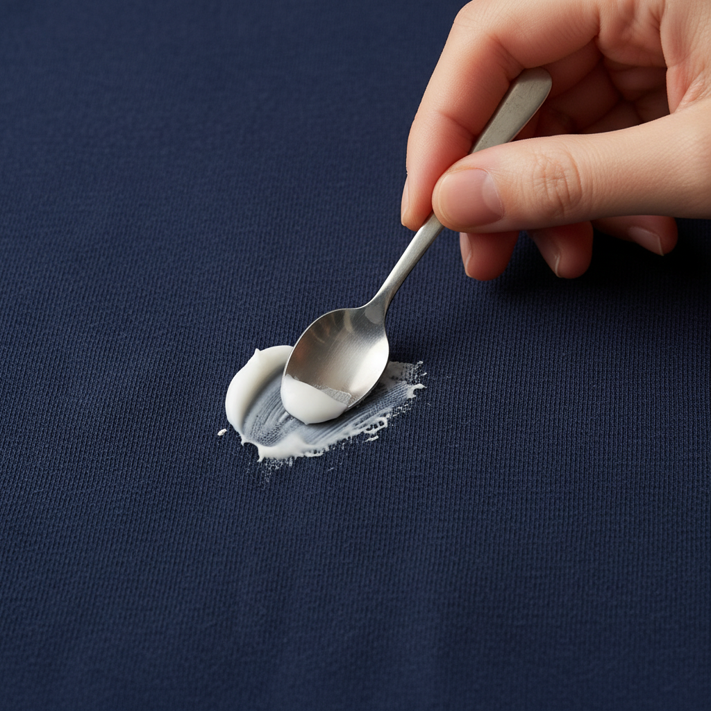 A close-up, high-angle professional photo capturing a hand using a small, blunt spoon to gently scrape a fresh dollop of white toothpaste off a dark blue cotton t-shirt. The toothpaste is slightly smeared, indicating it's just landed. The fabric texture is visible, and the action shows careful removal without rubbing. The focus is sharp on the stained area and the spoon.