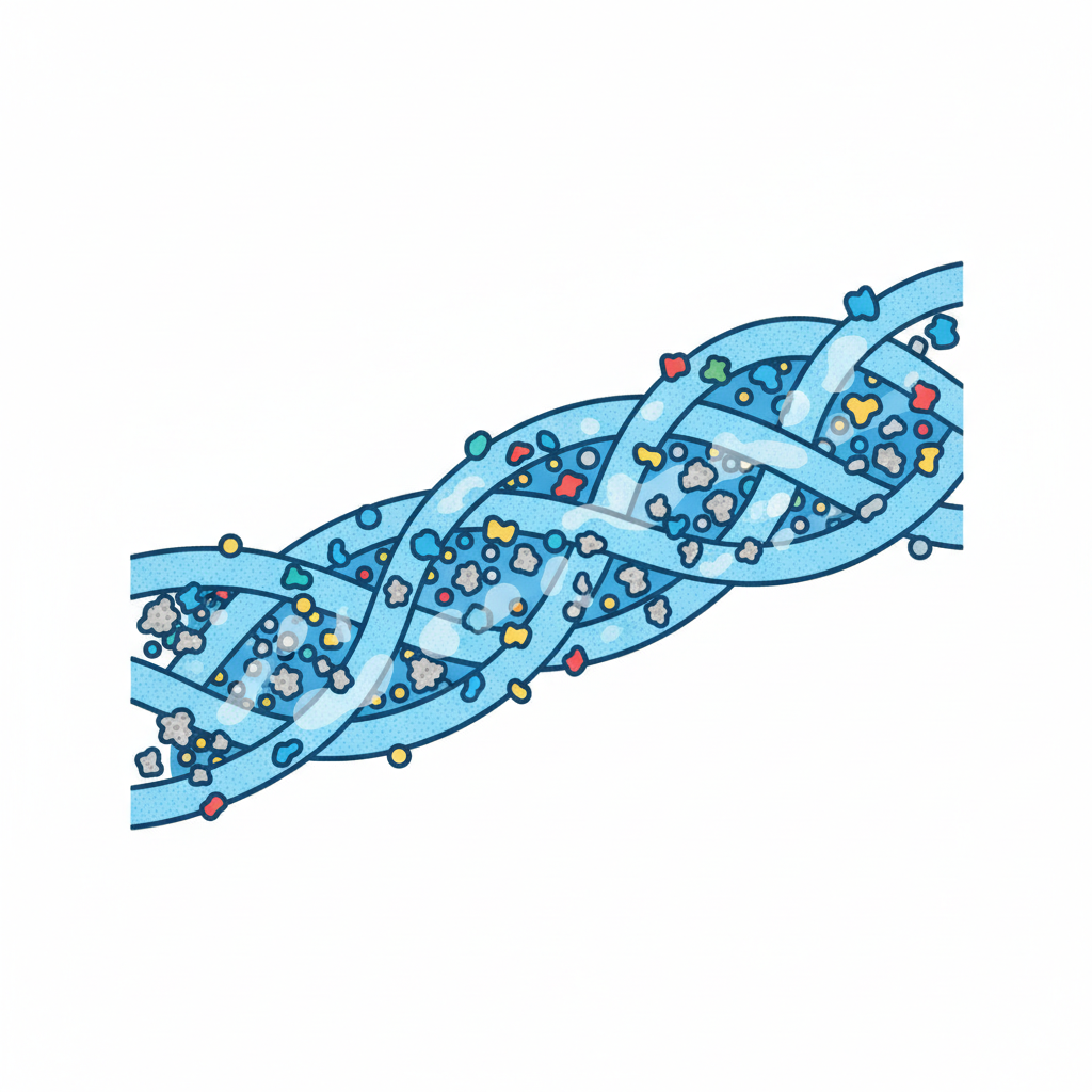 An infographic-style flat illustration showing a magnified cross-section of a fabric strand from a clothing item. Stylized elements representing toothpaste components are visually integrated with the fibers. Abstract colorful dots (pigments), small textured grey particles (abrasives), and subtle translucent blobs (chemical additives) are depicted as clinging to and embedding within the fabric, illustrating how they cause a stain. The overall impression is clean, educational, and easy to understand.