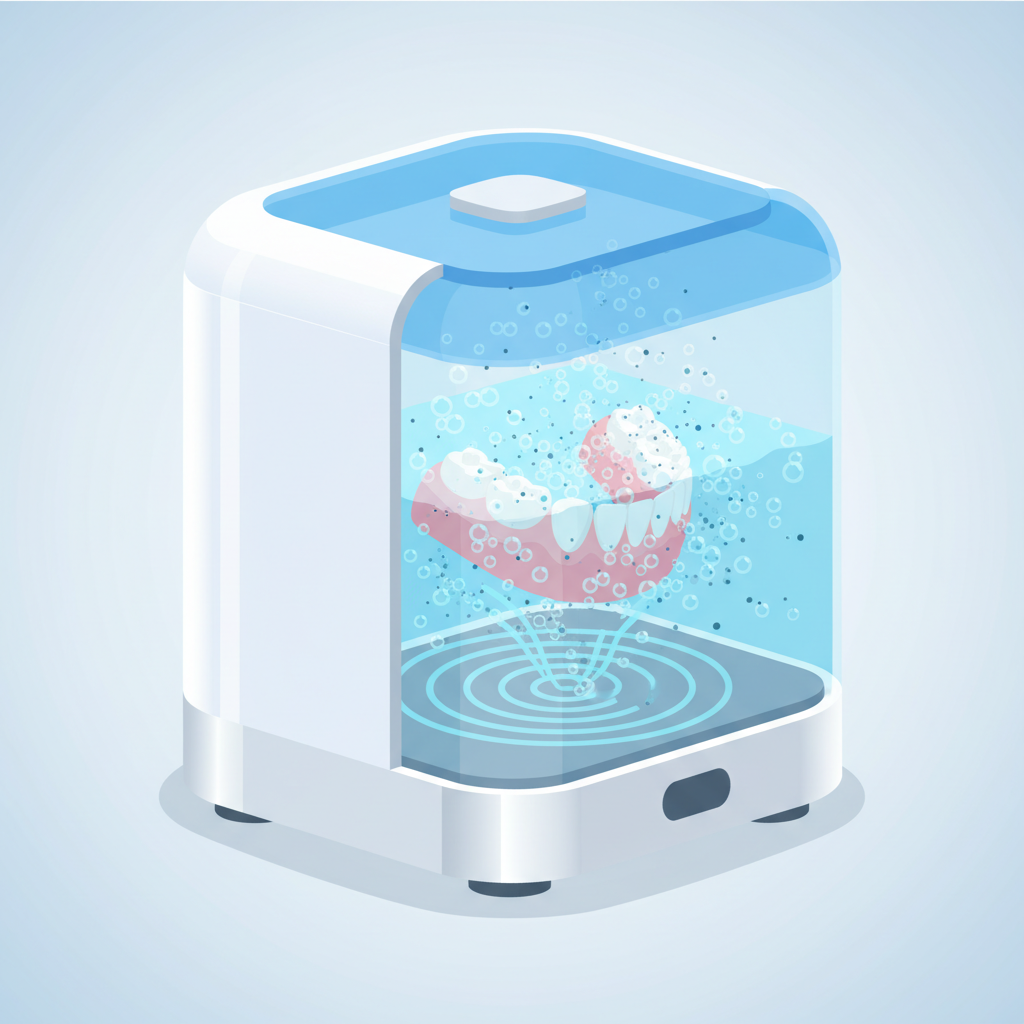 A detailed flat illustration depicting a cutaway view of a sleek, modern ultrasonic cleaner. Inside, a partial or full denture is submerged in a transparent, light-blue cleaning solution. Stylized sound waves, shown as subtle ripples or lines, emanate from the base of the device, generating numerous tiny, energetic cavitation bubbles that surround the denture. These bubbles are shown actively dislodging microscopic particles and grime from the denture's surface, indicating a deep and effective cleaning process. The overall aesthetic should be clean, modern, and infographic-like, using a bright, professional color palette.
