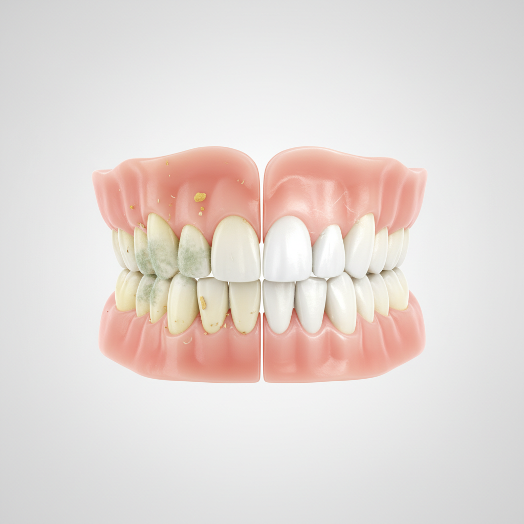 A professional, high-resolution studio photograph showcasing a single partial or full denture with a clear visual contrast. One half of the denture appears dull, with subtle, almost microscopic representations of biofilm, plaque, or food particles clinging to its surface, suggesting poor hygiene. The other half of the exact same denture is pristine, sparkling white, and reflects light beautifully, conveying a sense of ultimate cleanliness and freshness. The background should be a clean, neutral white or light grey, allowing the denture and its contrasting states to be the sole focus.