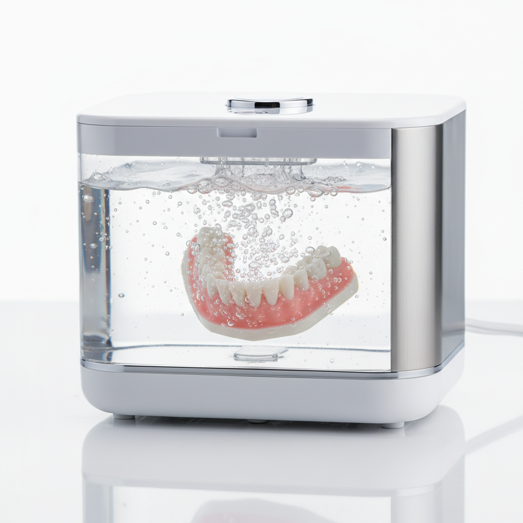 A vibrant, close-up, professional studio photograph of a modern ultrasonic cleaner. Inside the transparent tank, a partial or full denture is submerged in a crystal-clear cleaning solution. Tiny, shimmering micro-bubbles and subtle ripple effects are visibly emanating from the denture's surface, illustrating the gentle yet powerful action of the ultrasonic waves. The overall impression is one of advanced hygiene and meticulous cleaning. The lighting should be bright and sterile, highlighting the clean design of the device and the sparkling cleanliness of the denture.