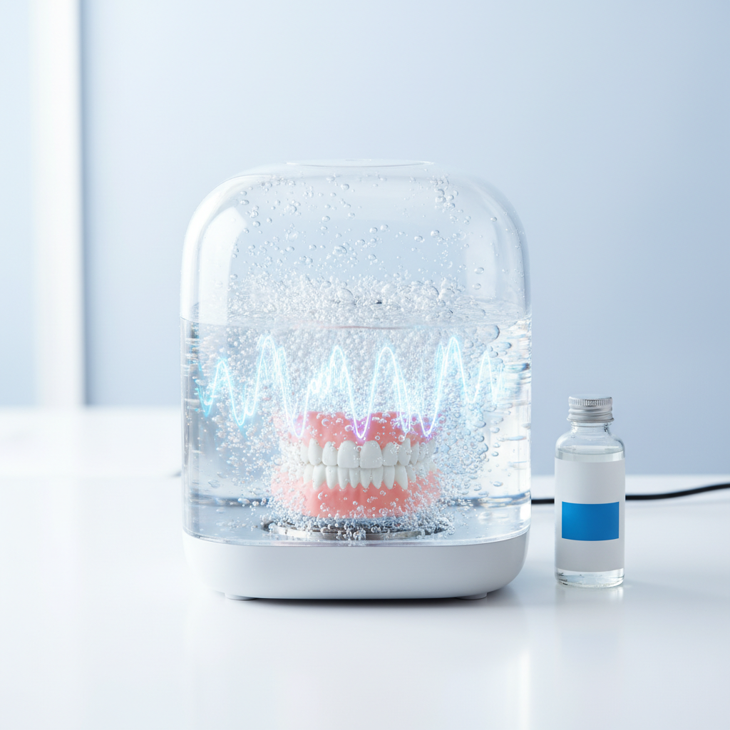 A professional studio photo or detailed 3D illustration showcasing the ultrasonic cleaning process for dentures. A modern, compact ultrasonic cleaning device is centrally placed, with its transparent lid revealing a pair of dentures submerged in a clear cleaning solution. Subtle, shimmering energy waves or effervescent micro-bubbles are visibly emanating from the base of the device, illustrating the high-frequency sound waves at work. Adjacent to the cleaner sits a generic bottle of liquid cleaning concentrate, implying its use. The overall scene is bright, clean, and emphasizes hygiene and advanced technology.