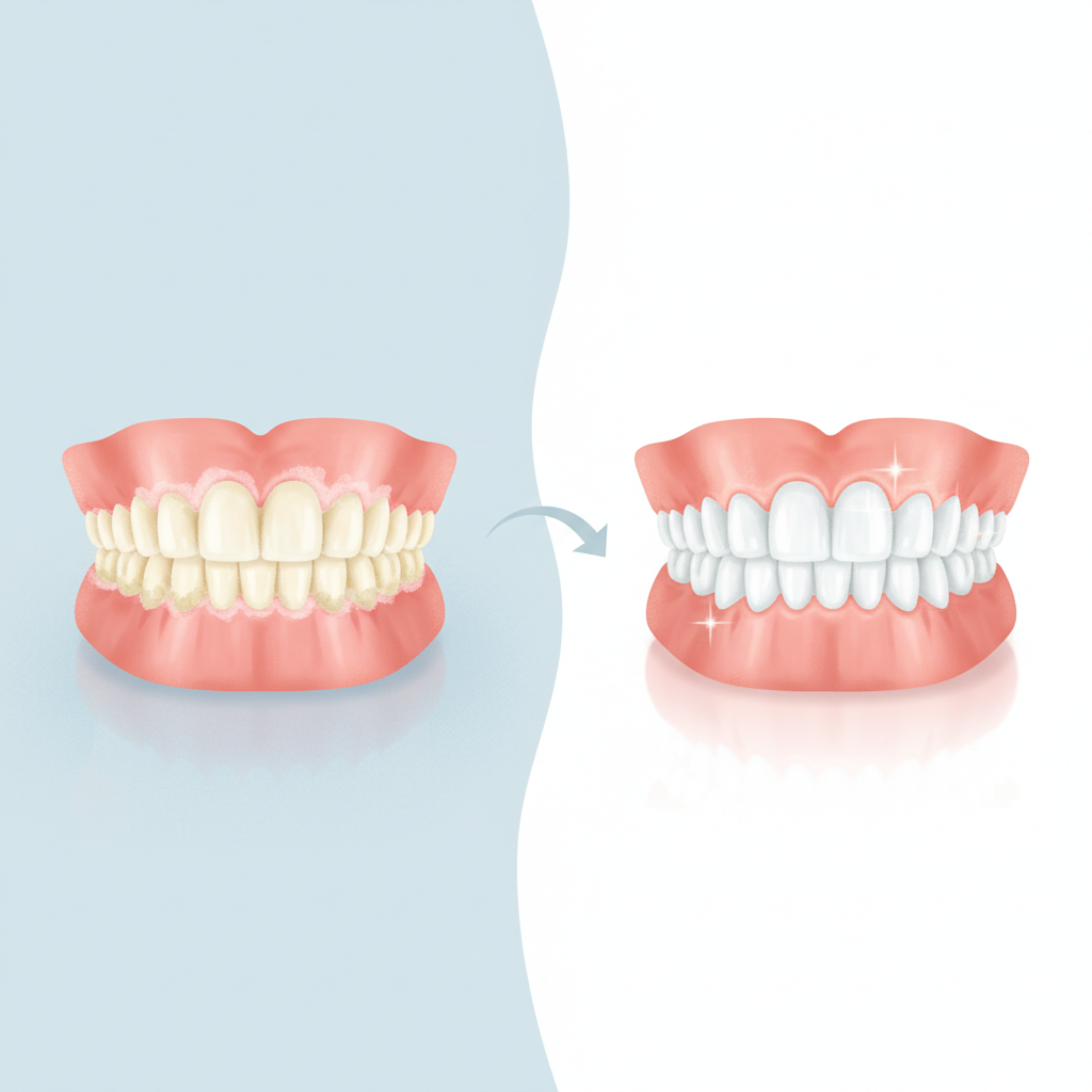 A clean, visually appealing infographic-style illustration depicting the transformation of a dental prosthesis. On the left side, a denture appears subtly discolored with very faint visual indications of accumulated plaque or residue. On the right side, the exact same denture is rendered pristine, sparkling white, and impeccably clean, representing the successful outcome of thorough cleaning. The background should be minimalist and hygienic, creating a stark but appealing contrast between the 'before' and 'after' states.