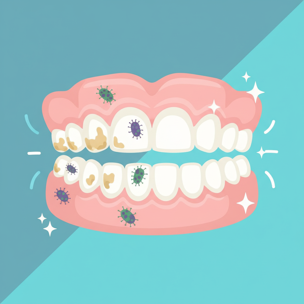 A conceptual flat illustration with a clear visual contrast demonstrating the importance of denture cleaning. On one side, a denture is depicted as dull, with subtle indications of accumulated plaque, food particles, and stylized, tiny germ-like shapes subtly clinging to its surface, suggesting poor hygiene. On the opposing side, the same denture is shown gleaming, immaculately white, and sparkling, conveying a sense of freshness and cleanliness. The overall aesthetic is clean, simple, and uses color to distinguish between the 'before' and 'after' state, highlighting the benefits of effective cleaning.