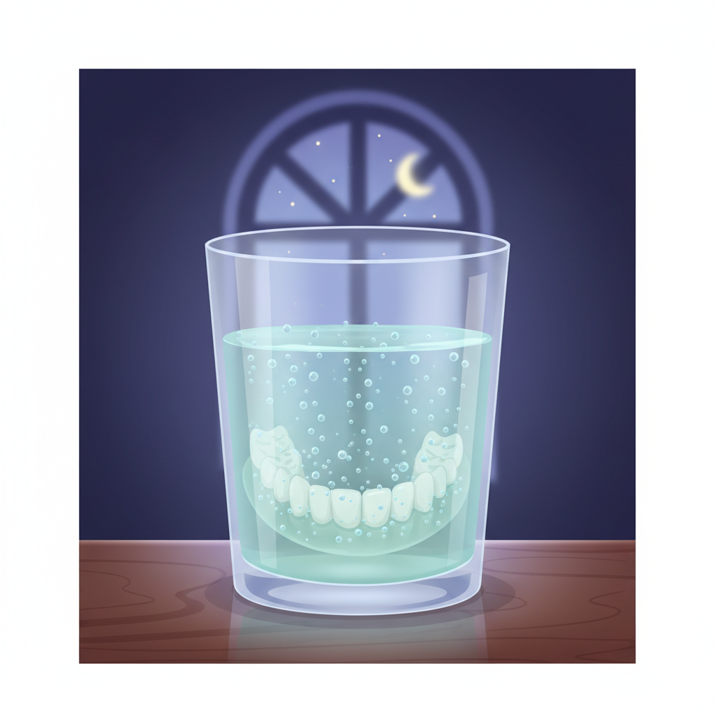 A serene, close-up scene featuring a dental prosthesis perfectly submerged in a clear, effervescent cleaning solution within a simple, transparent glass. The background is softly blurred, evoking a calm nighttime ambiance with subtle hints of moonlight or stars visible through a distant window. Gentle bubbles rise from the denture, signifying active cleaning. The overall impression should be one of hygiene, freshness, and quiet restoration, emphasizing the overnight cleaning process. Flat illustration style with soft, inviting colors and clean lines, or a professional, slightly stylized product photo.