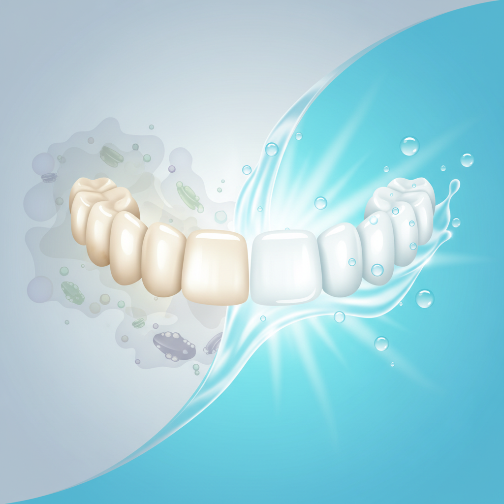 A dynamic visual contrast illustrating the benefits of denture cleaning. On one side, depict a slightly discolored or dull dental prosthesis with subtle, abstract representations of bacteria or unpleasantness (e.g., a muted, cloudy aura). On the other side, show a sparkling, brilliant white dental prosthesis, perhaps with a radiating glow or fresh, clean water droplets. The transition between the two should be clear and visually impactful, conveying the transformation from unhygienic to pristine. Clean, modern infographic style using clear vector graphics and a vibrant, fresh color palette.