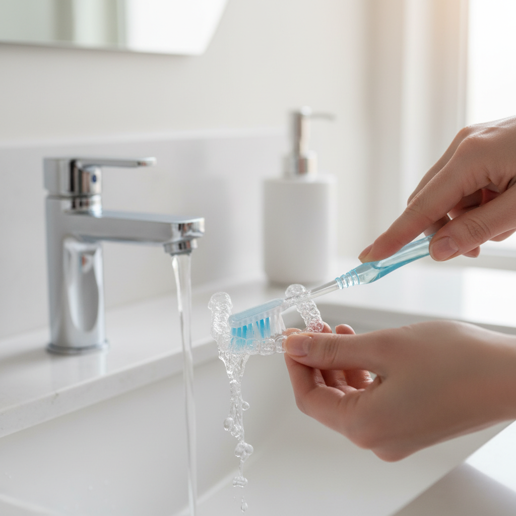 A close-up, professional photo with bright, natural lighting. Focus on hands gently scrubbing a translucent dental aligner with a soft-bristled toothbrush under a stream of clean water from a modern tap. The aligner is clear and slightly wet, emphasizing hygiene. The background is a clean, modern bathroom sink area, softly blurred to keep attention on the cleaning action. The image should convey freshness, simplicity, and a sense of daily routine without any visible text.