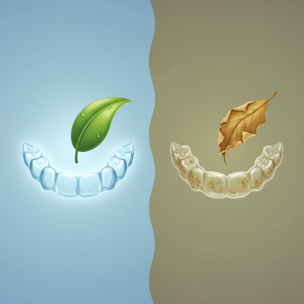 A clean flat illustration or conceptual infographic style image depicting a clear contrast. On the left, a sparkling, translucent dental aligner, pristine and almost glowing, symbolizing hygiene and health. On the right, the same type of aligner appears discolored with subtle visual cues of microscopic bacterial buildup and grime, symbolizing neglect. Visually represent the negative impact, perhaps with subtle, simplified elements like a healthy green leaf next to the clean aligner and a faded, unhealthy color next to the dirty one. No text or numbers.