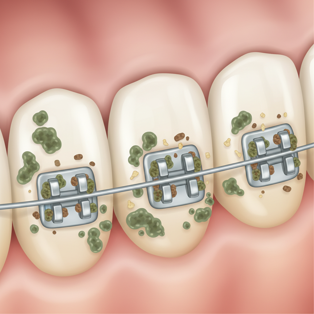 A close-up, macro-style illustration of a section of dental braces, featuring brackets and wires. The illustration highlights common issues of poor hygiene: small, stylized green and brown bacterial shapes clinging to the wires and brackets, depicting plaque and bacteria growth. Subtle indications of food debris can be seen between the components. The adjacent gum line shows a slight redness or inflammation, and the tooth surface near the bracket might have a faint yellowish tint, suggesting discoloration. The overall style should be a professional, detailed digital illustration, emphasizing the microscopic problems without being grotesque.
