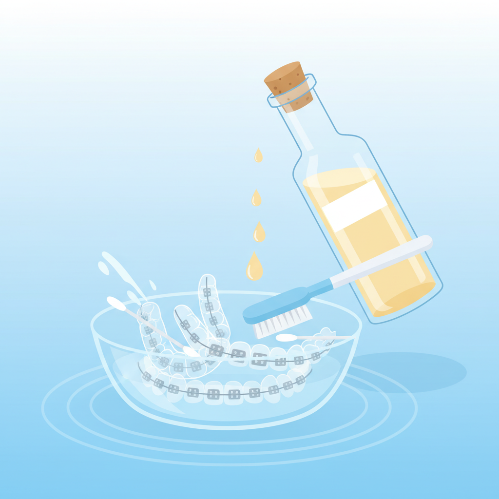 A clean, professional flat illustration depicting the concept of cleaning braces with vinegar. In the center, a pair of transparent aligners or traditional metal braces is placed within a clear, shallow container or basin. Next to it, a sleek, generic bottle of household vinegar (without any brand labels or text) is positioned, with a few drops subtly suggesting it's being poured. A soft-bristled cleaning brush or a cotton swab could be gently touching the braces. The background is simple and uncluttered, using a bright, hygienic color palette to convey cleanliness and care.